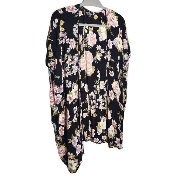 Angie Womens Black Floral Pattern Open Front Flowy Oversized Rayon Kimono Small - Picture 3 of 7